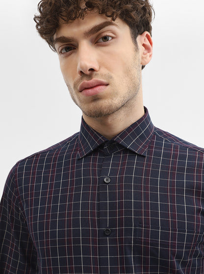 Navy Blue & Maroon Checked Slim Fit Formal Shirt | Metal