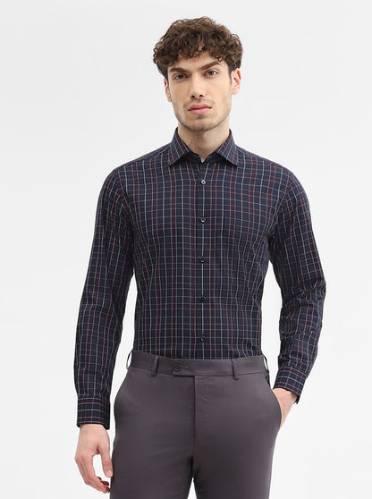 Navy Blue & Maroon Checked Slim Fit Formal Shirt | Metal