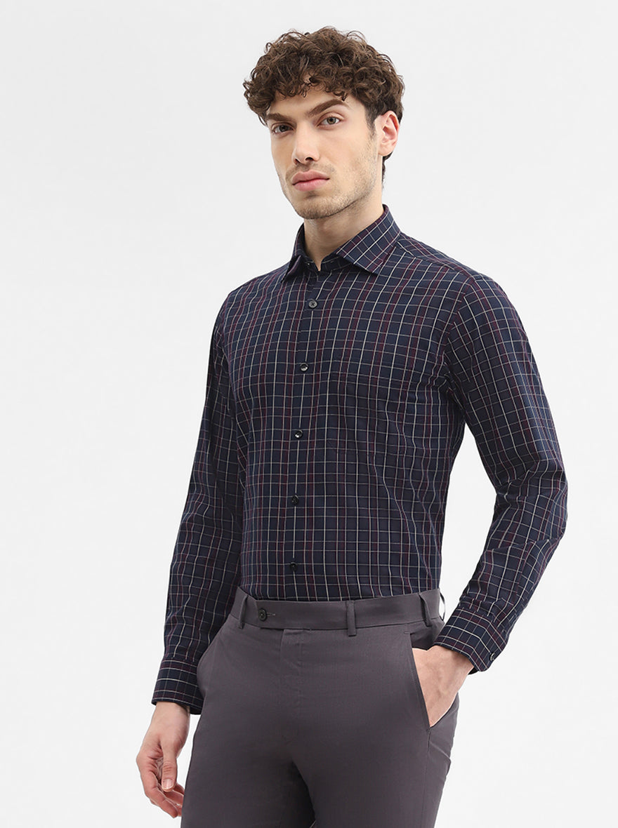 Navy Blue & Maroon Checked Slim Fit Formal Shirt | Metal