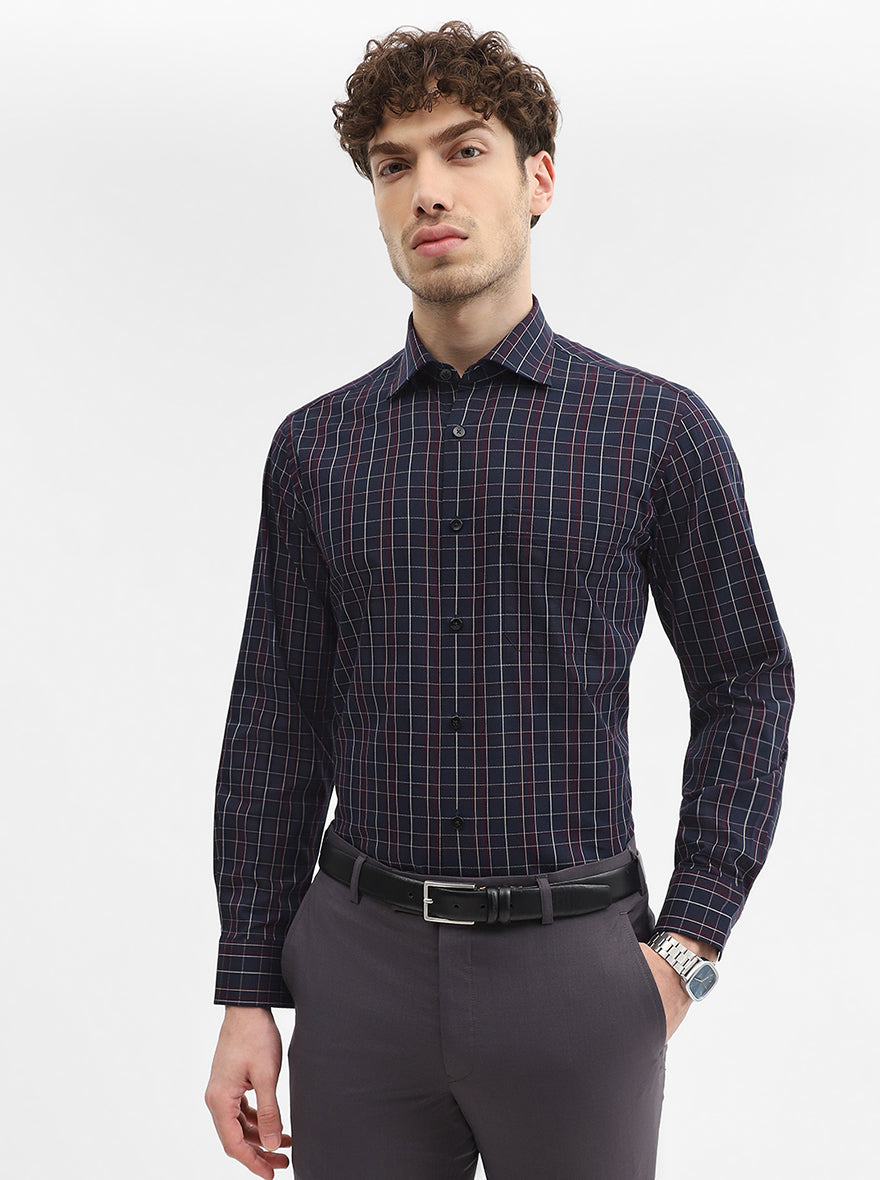 Navy Blue & Maroon Checked Slim Fit Formal Shirt | Metal