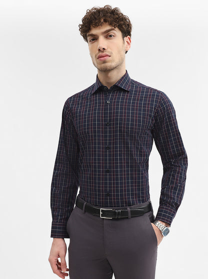Navy Blue & Maroon Checked Slim Fit Formal Shirt | Metal