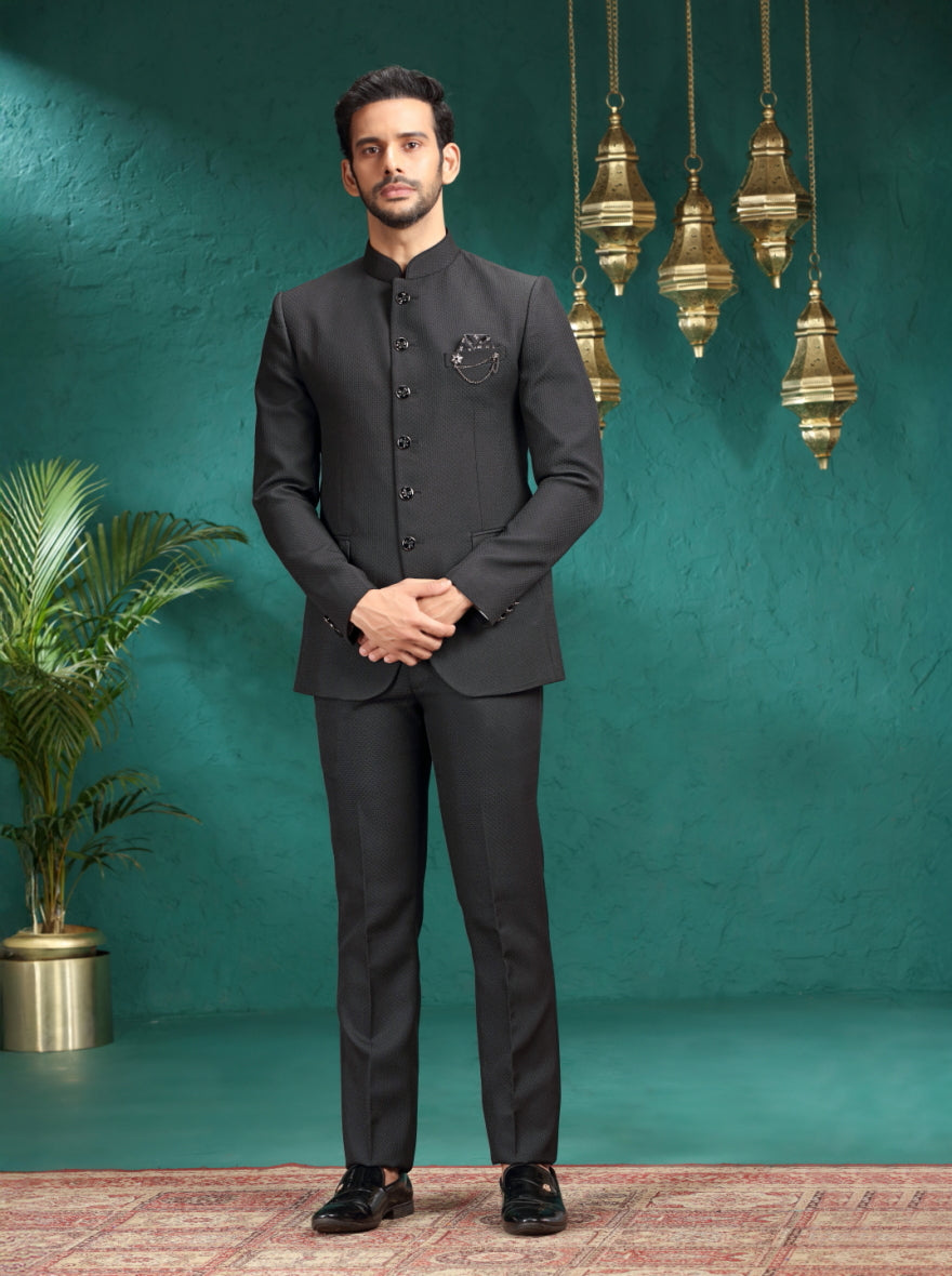Black Self Textured Jodhpuri Suit | JadeBlue