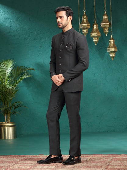 Black Self Textured Jodhpuri Suit | JadeBlue
