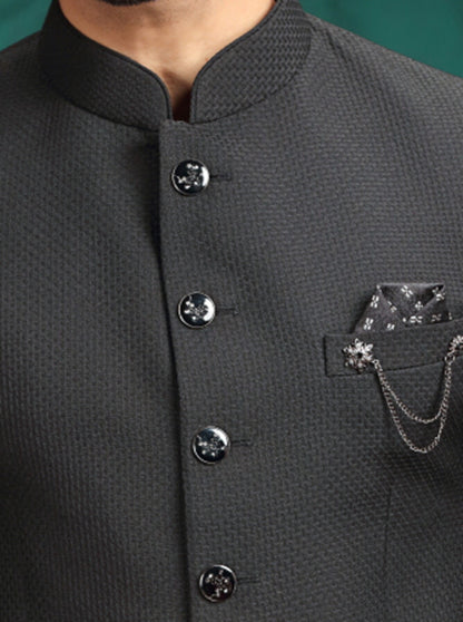 Black Self Textured Jodhpuri Suit | JadeBlue