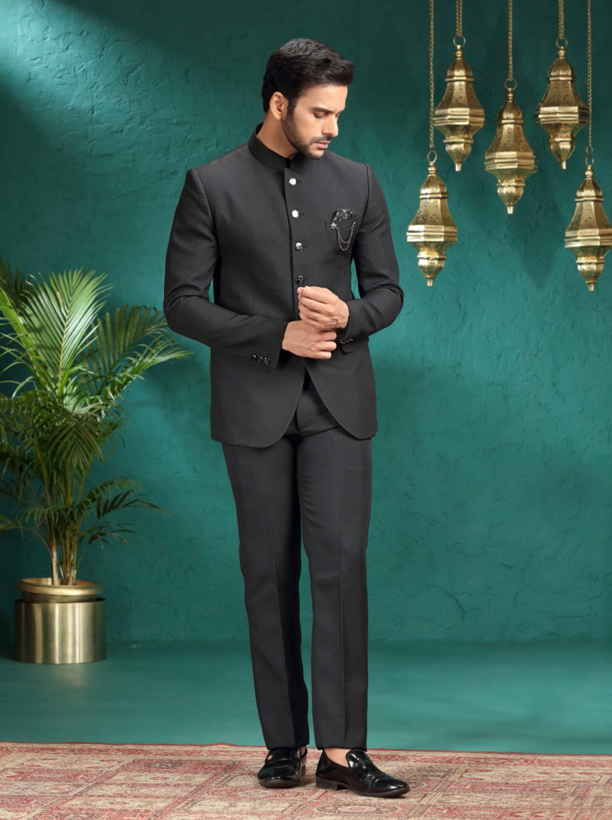 Black Self Textured Jodhpuri Suit | JadeBlue