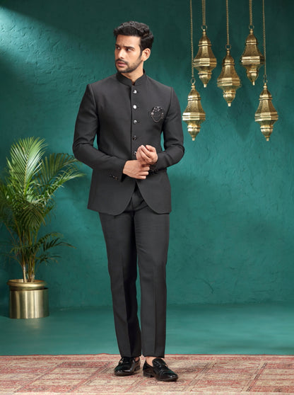 Black Self Textured Jodhpuri Suit | JadeBlue