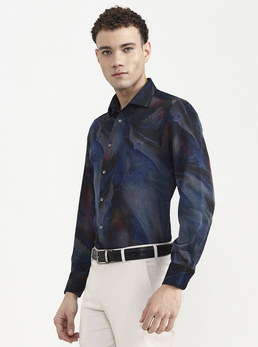 Blue & Grey Printed Slim Fit Formal Shirt | JadeBlue Super Luxe