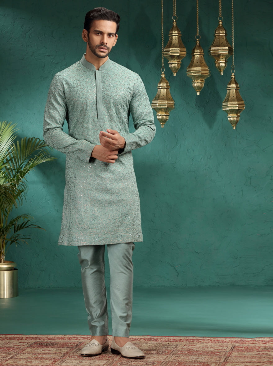 Pastel Seafoam Embroidered  Kurta Pajama | TULA