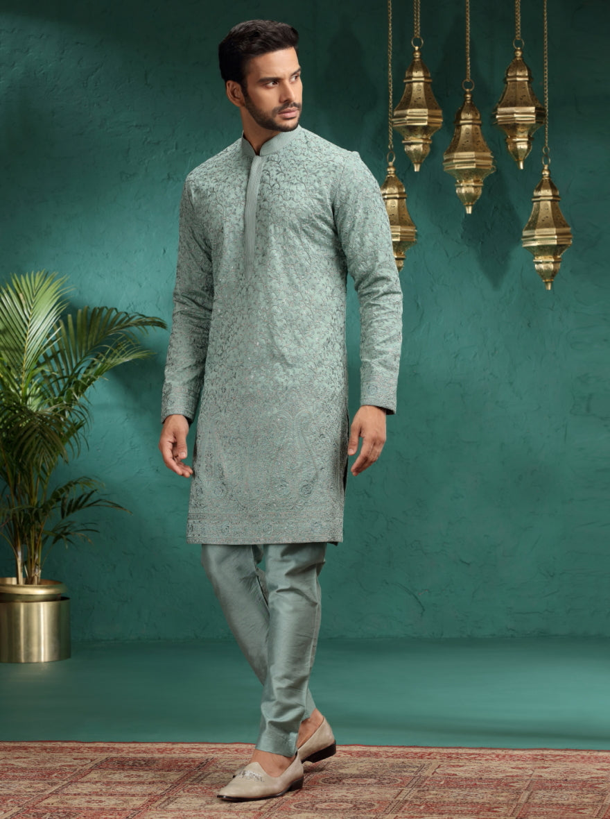 Pastel Seafoam Embroidered  Kurta Pajama | TULA