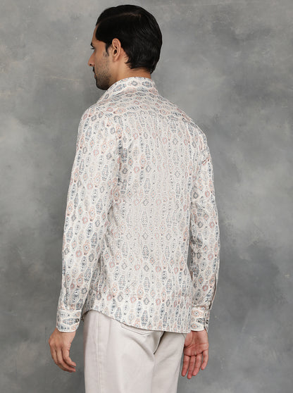 Beige Printed Slim Fit Party Wear Shirt | JB Studio