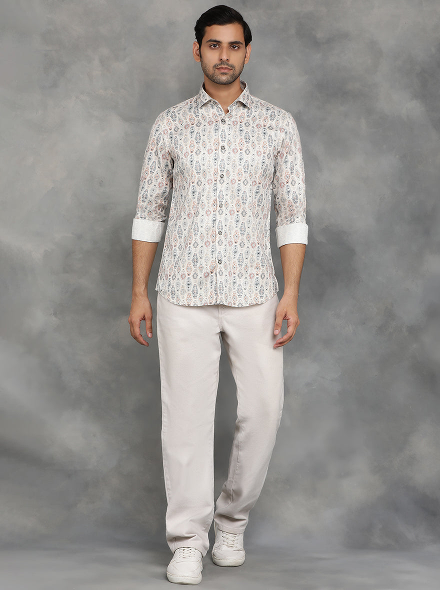 Beige Printed Slim Fit Party Wear Shirt | JB Studio