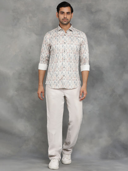 Beige Printed Slim Fit Party Wear Shirt | JB Studio