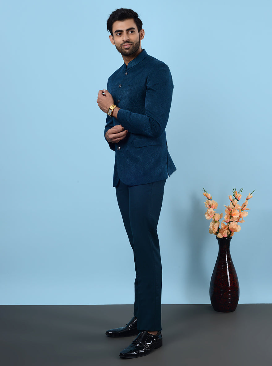 Jodhpuri Suit Teal Color India JadeBlue Peacock Blue Jacquard