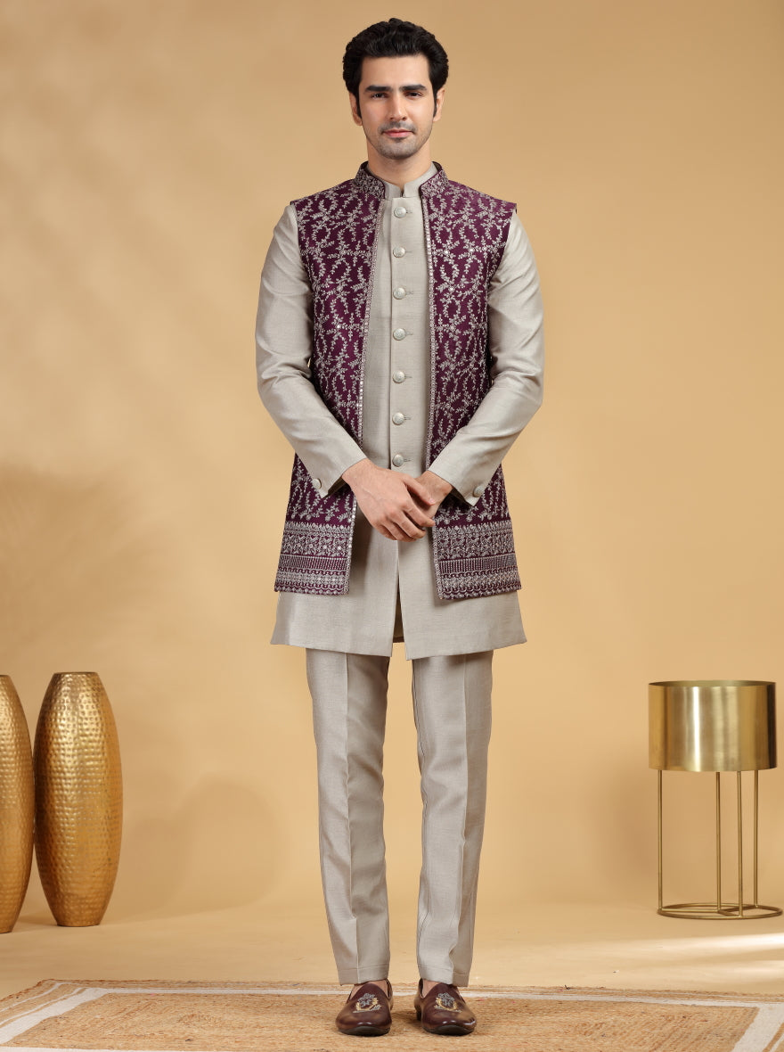 Light Grey Embroidered Indowestern | TULA