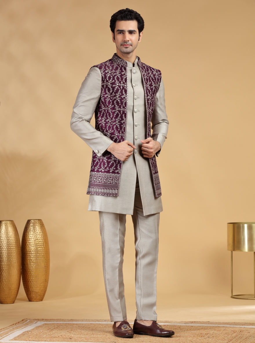 Light Grey Embroidered Indowestern | TULA