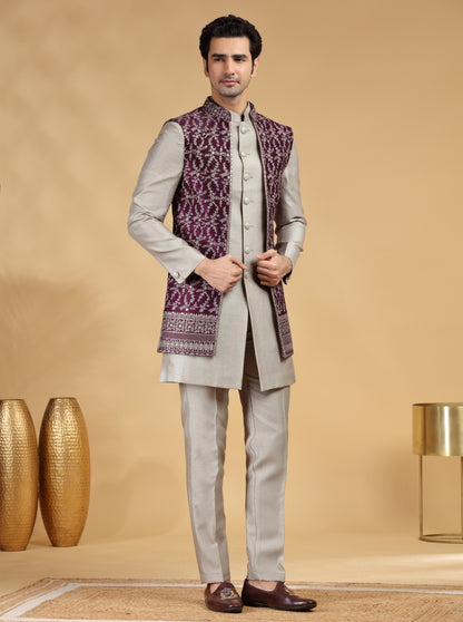 Light Grey Embroidered Indowestern | TULA