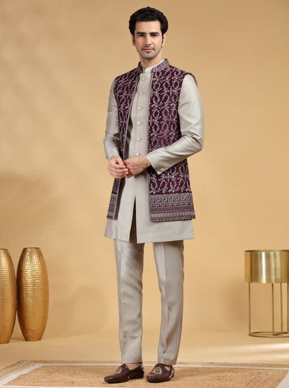 Light Grey Embroidered Indowestern | TULA