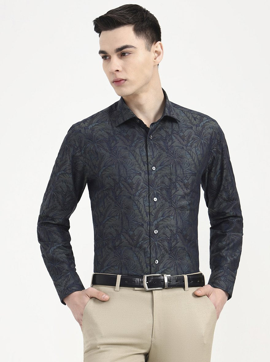 Green Printed Slim Fit Formal Shirt | JadeBlue Super Luxe