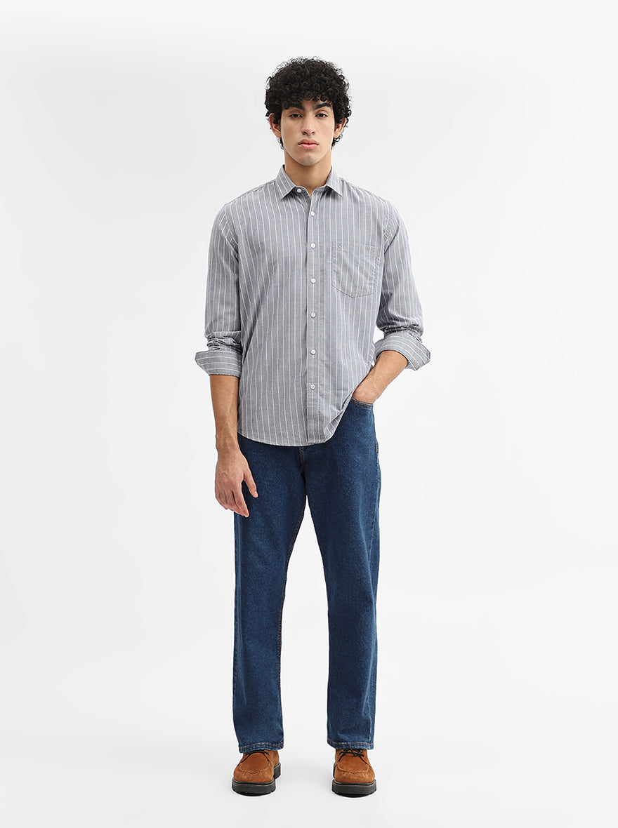 Grey Striped Smart Fit Semi Casual Shirt | Greenfibre
