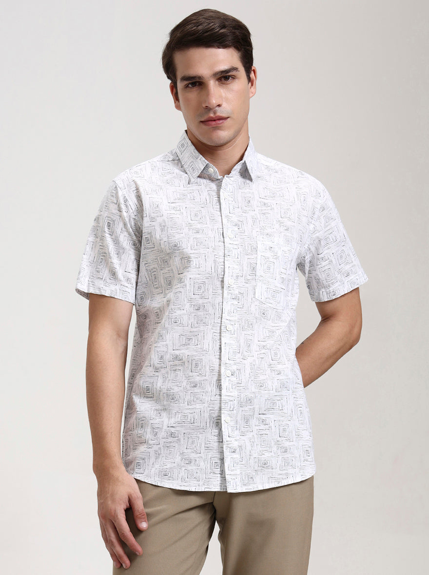 White Printed Slim Fit Casual Shirt | JadeBlue