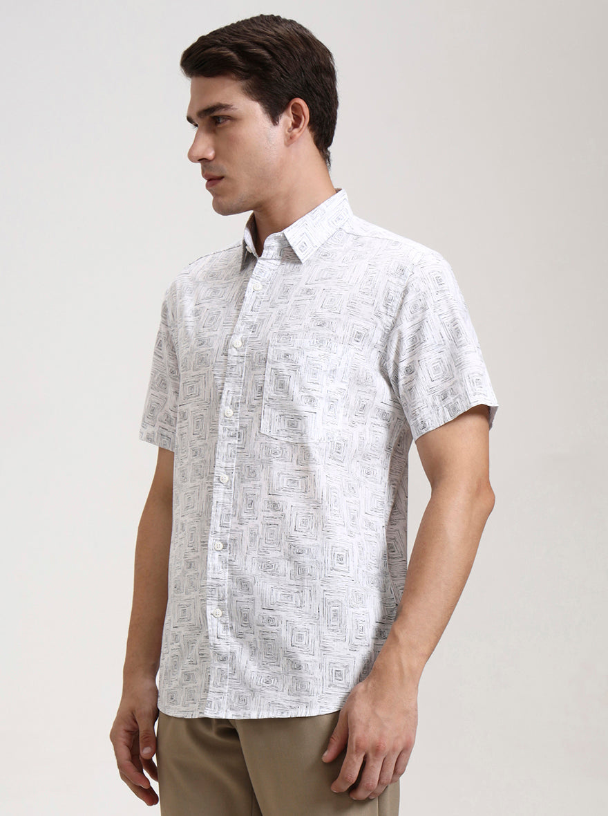 White Printed Slim Fit Casual Shirt | JadeBlue