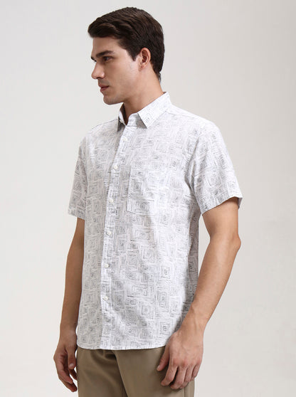 White Printed Slim Fit Casual Shirt | JadeBlue