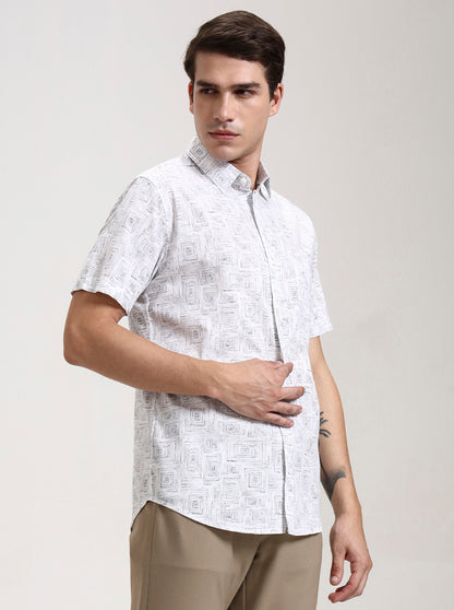White Printed Slim Fit Casual Shirt | JadeBlue