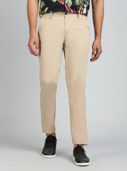 Beige Solid Uno Fit Casual Trouser | JadeBlue