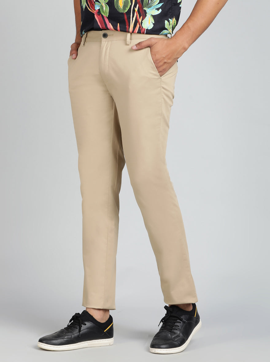 Beige Solid Uno Fit Casual Trouser | JadeBlue