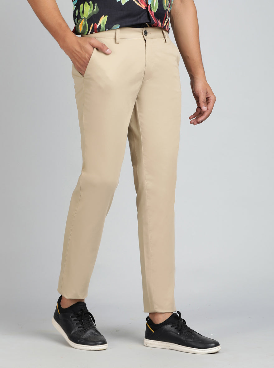 Beige Solid Uno Fit Casual Trouser | JadeBlue
