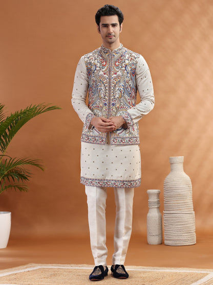 Cream Embroidered Kurta Pajama with Koti | TULA
