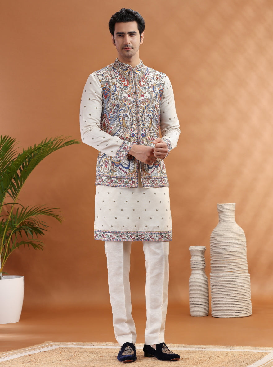 Cream Embroidered Kurta Pajama with Koti | TULA