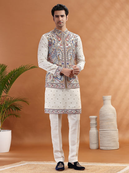 Cream Embroidered Kurta Pajama with Koti | TULA