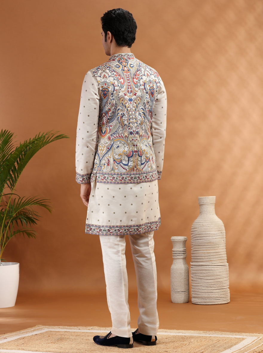 Cream Embroidered Kurta Pajama with Koti | TULA