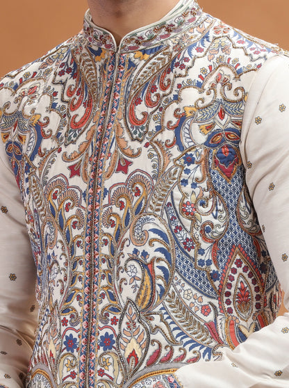Cream Embroidered Kurta Pajama with Koti | TULA