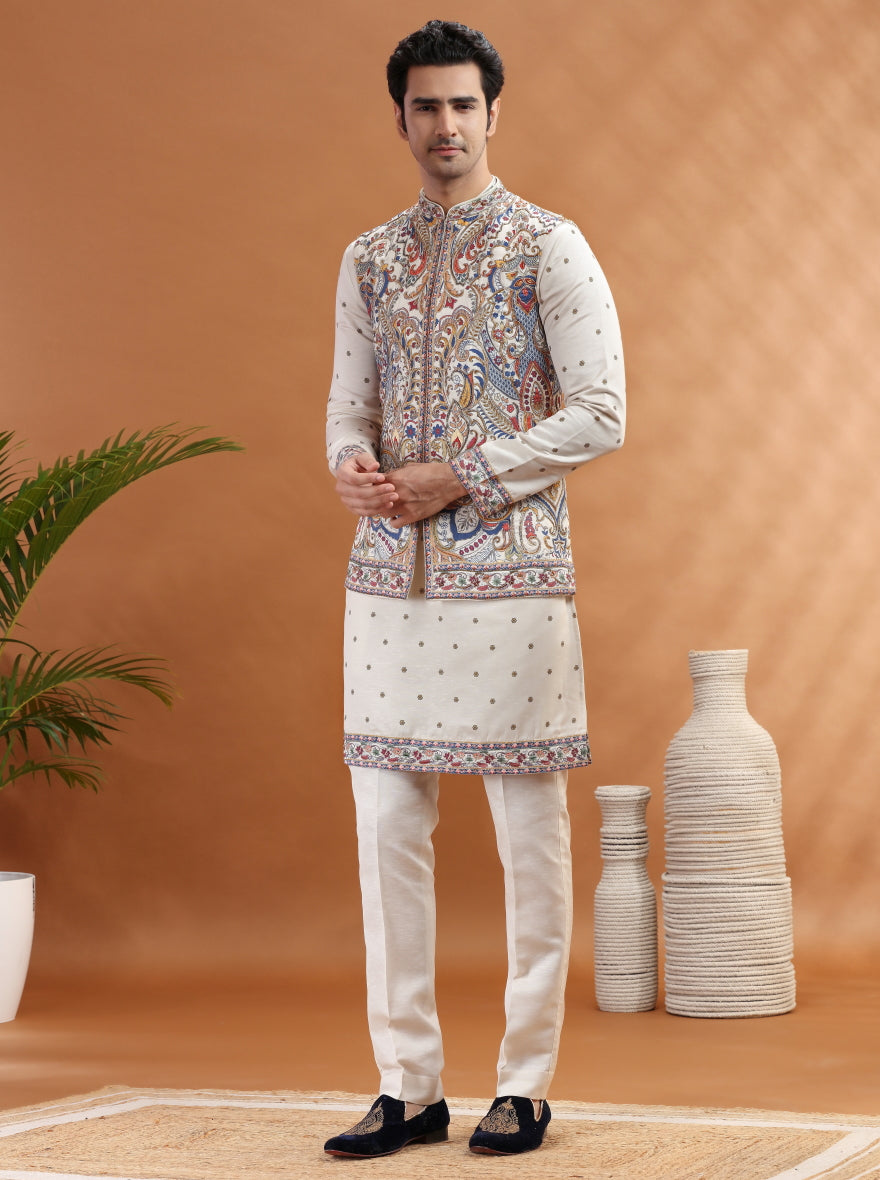 Cream Embroidered Kurta Pajama with Koti | TULA