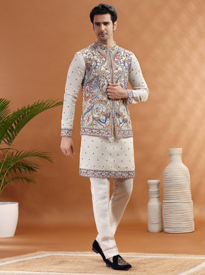 Cream Embroidered Kurta Pajama with Koti | TULA