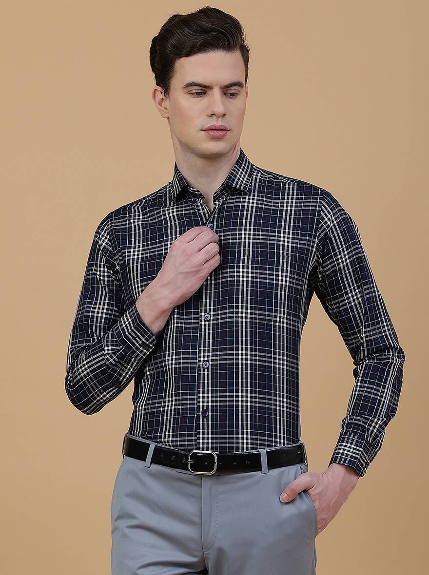 Navy Blue Checked Slim Fit Formal Shirt | Metal