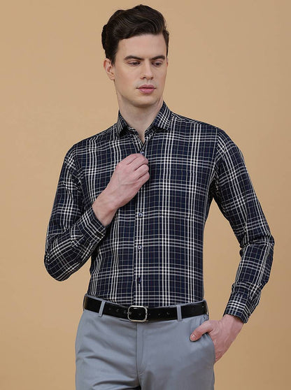 Navy Blue Checked Slim Fit Formal Shirt | Metal