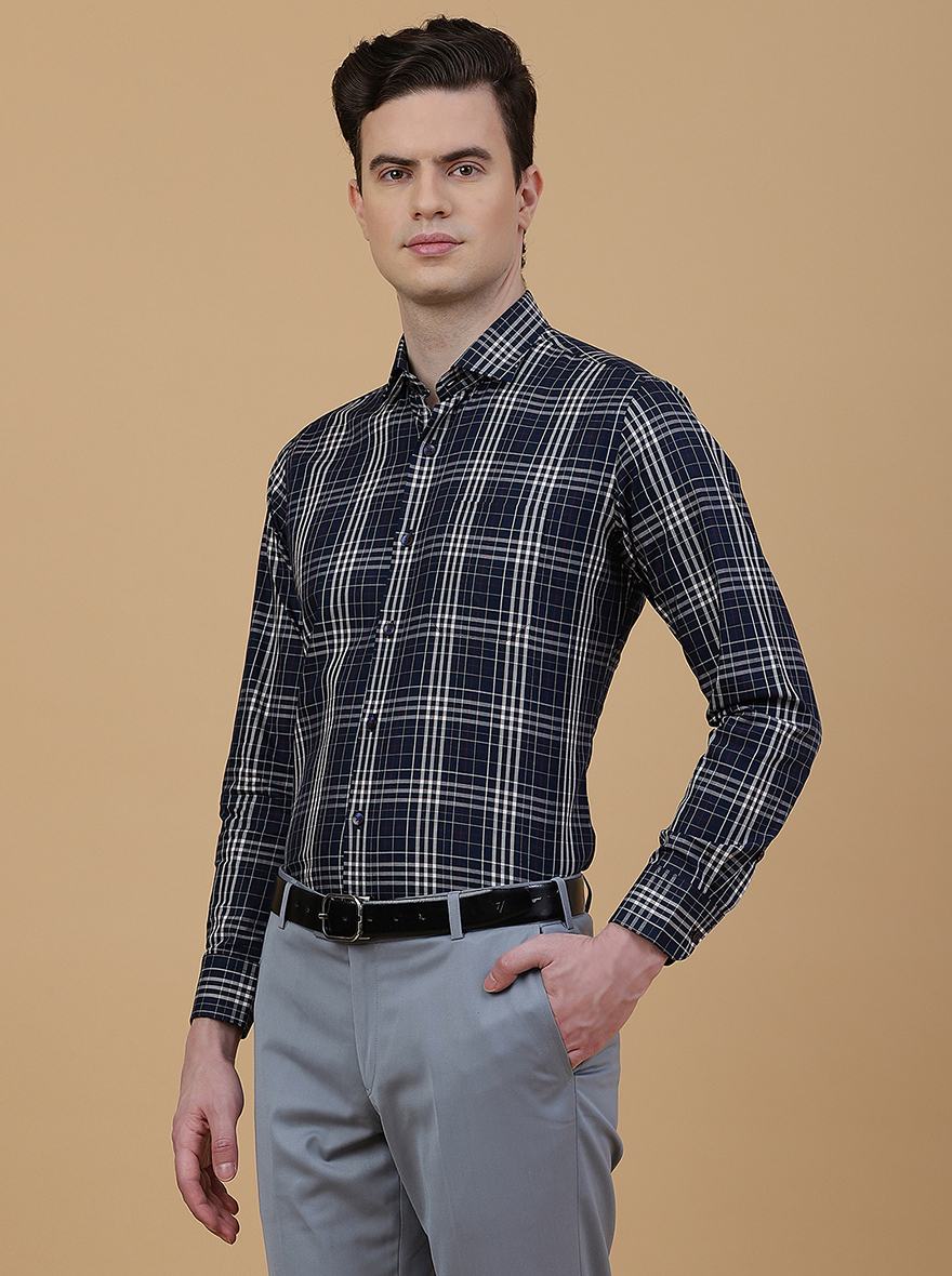 Navy Blue Checked Slim Fit Formal Shirt | Metal
