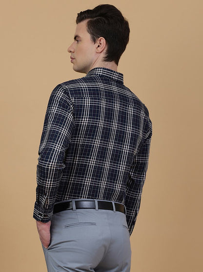Navy Blue Checked Slim Fit Formal Shirt | Metal