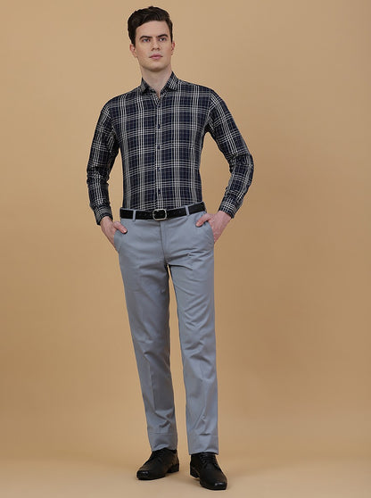 Navy Blue Checked Slim Fit Formal Shirt | Metal