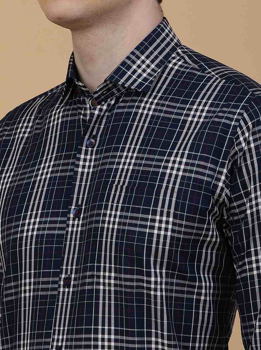 Navy Blue Checked Slim Fit Formal Shirt | Metal