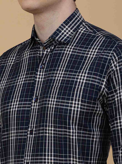 Navy Blue Checked Slim Fit Formal Shirt | Metal