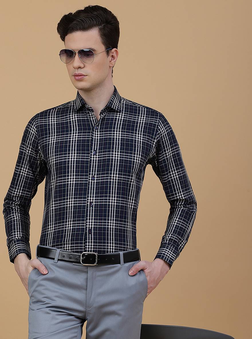 Navy Blue Checked Slim Fit Formal Shirt | Metal