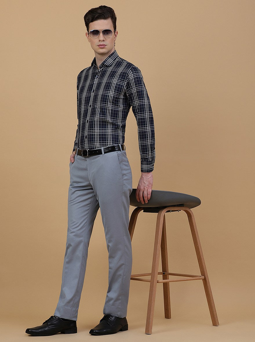 Navy Blue Checked Slim Fit Formal Shirt | Metal