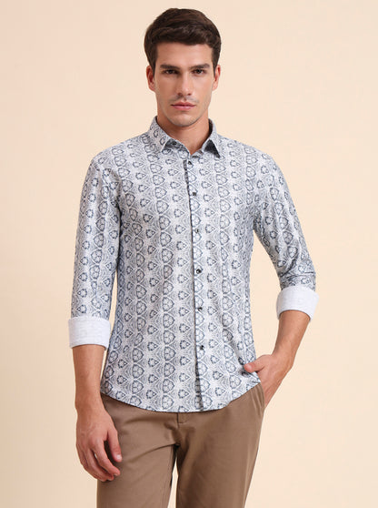 Grey Printed Slim Fit Party Wear Shirt | Wyre