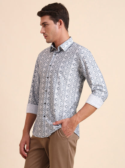 Grey Printed Slim Fit Party Wear Shirt | Wyre