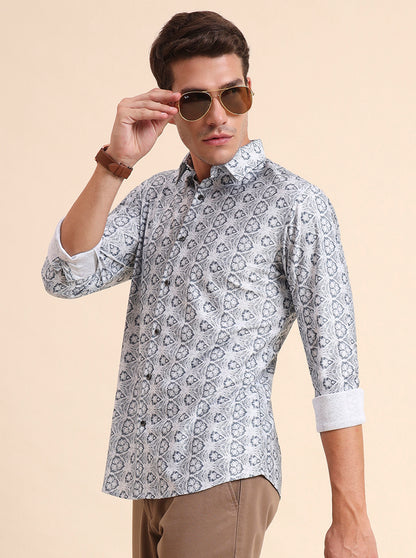 Grey Printed Slim Fit Party Wear Shirt | Wyre
