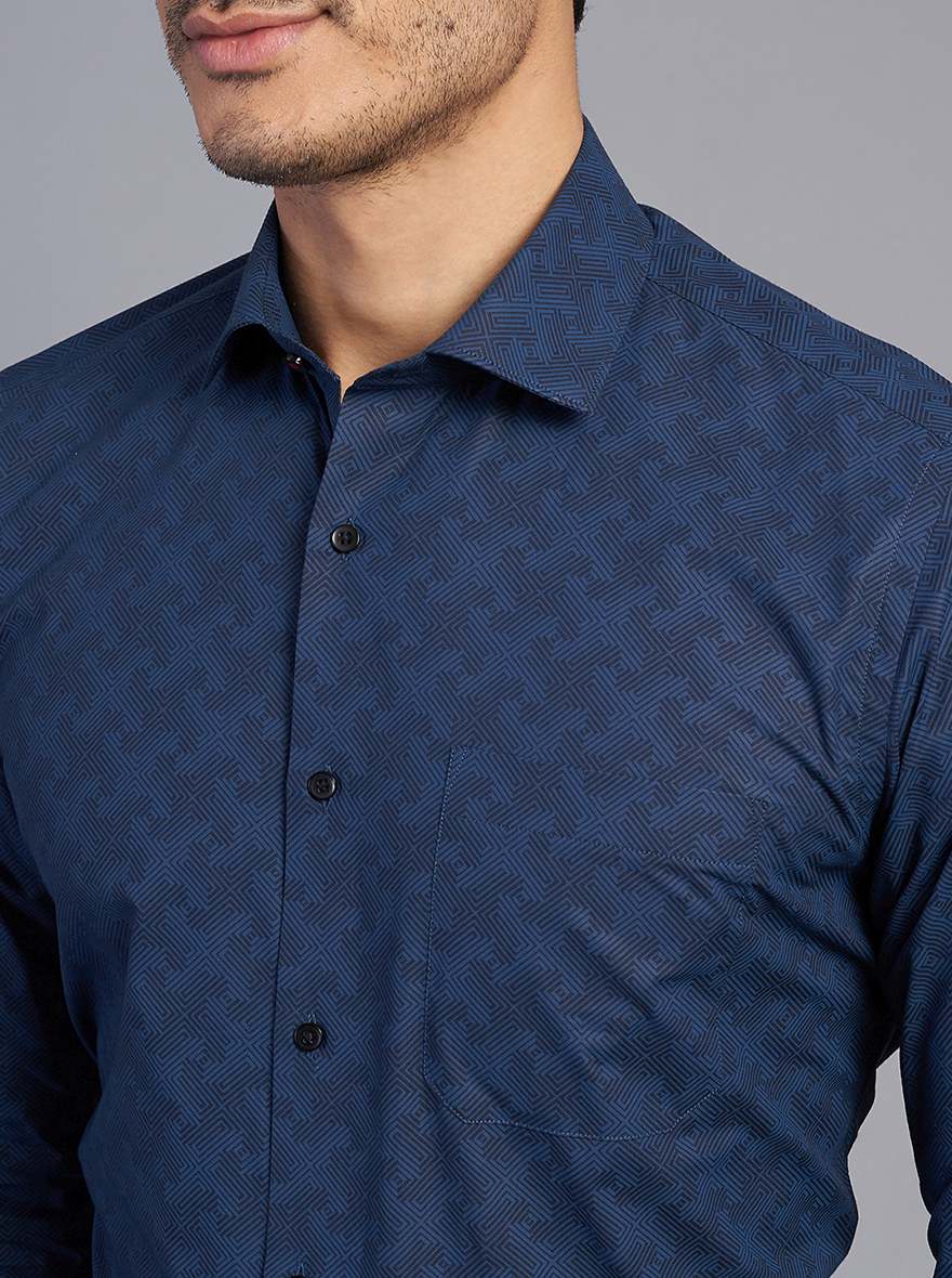 Navy Blue Printed Slim Fit Formal Shirt | Greenfibre